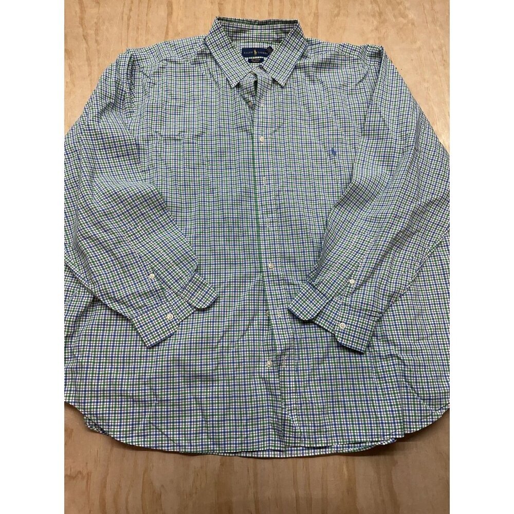 Ralph Lauren Men’s Button Down Long Sleeve Short 2XB Green Blue Cotton‎ Stretch